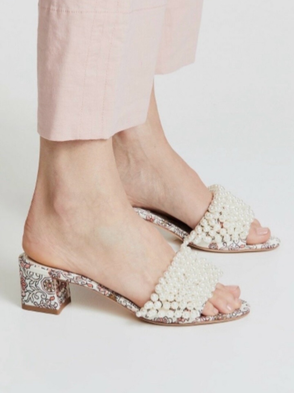 Tory Burch Pearl Floral Slide Sandals - White & Pink